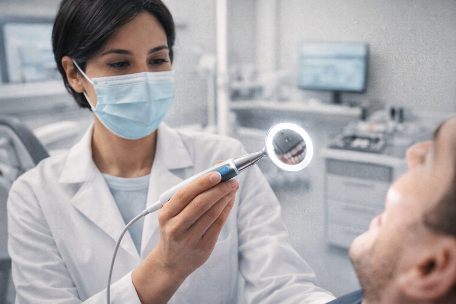 Scène en clinique dentaire moderne, dentiste utilisant un petit miroir connecté avec lumière LED, patient vu de dos, ambiance professionnelle mais humaine, style réaliste, palette rouge noir blanc gris, ratio 2:1, sans texte ni logo.