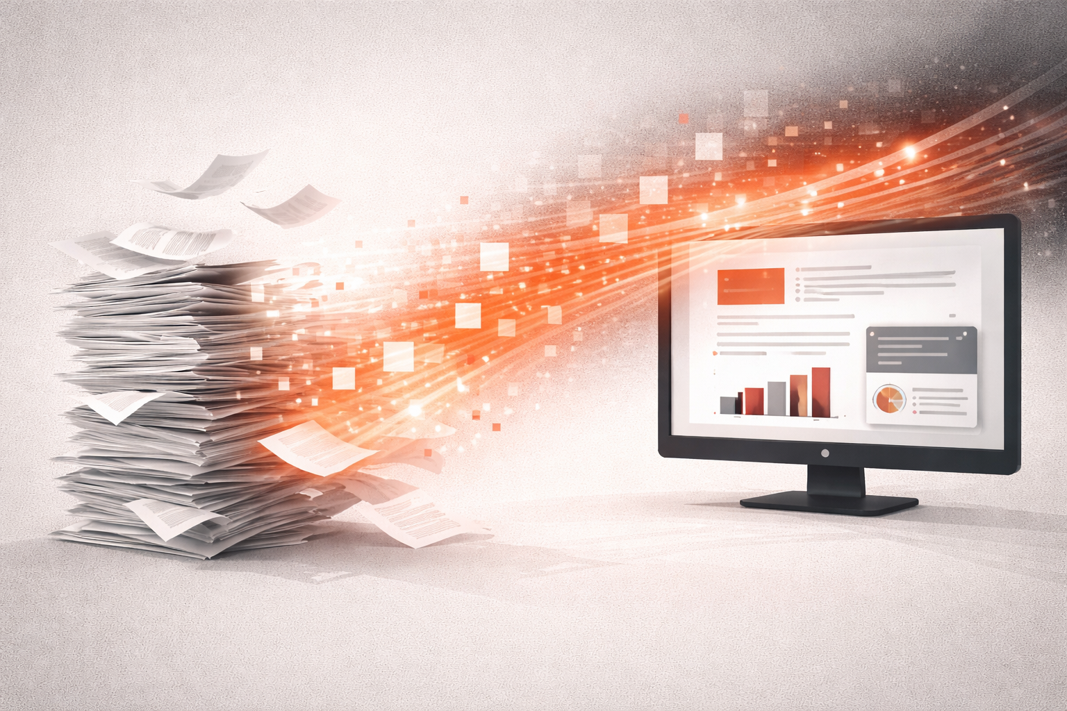 Pile de papiers se transformant progressivement en flux de particules lumineuses entrant dans un écran, métaphore visuelle de la réduction de la paperasse et de la numérisation des données, style abstrait, palette rouge noir blanc gris, ratio 2:1, sans texte.