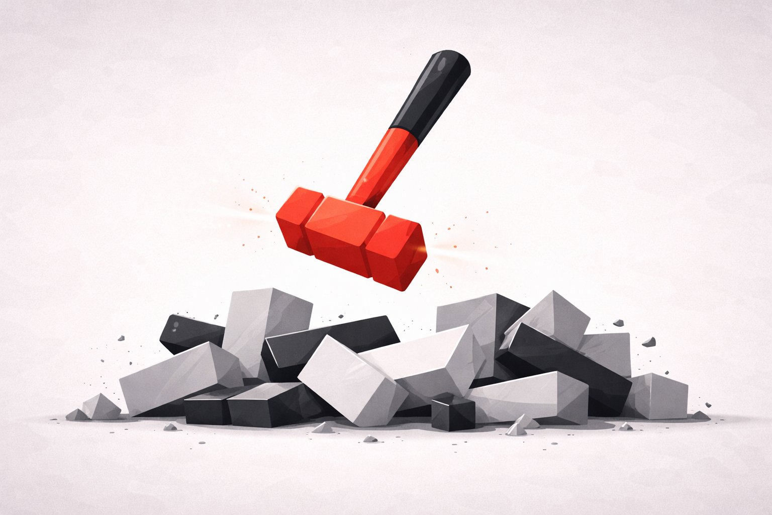 Métaphore visuelle d'un marteau comme outil puissant mais pas une fondation, symbolisant l'IA sans structure sur fond rouge et noir