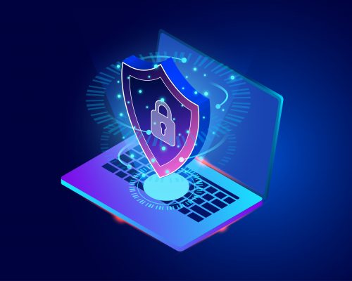 Data security modern concept. protects data from thefts data and hacker attacks. isometric flat design. Vector illustration